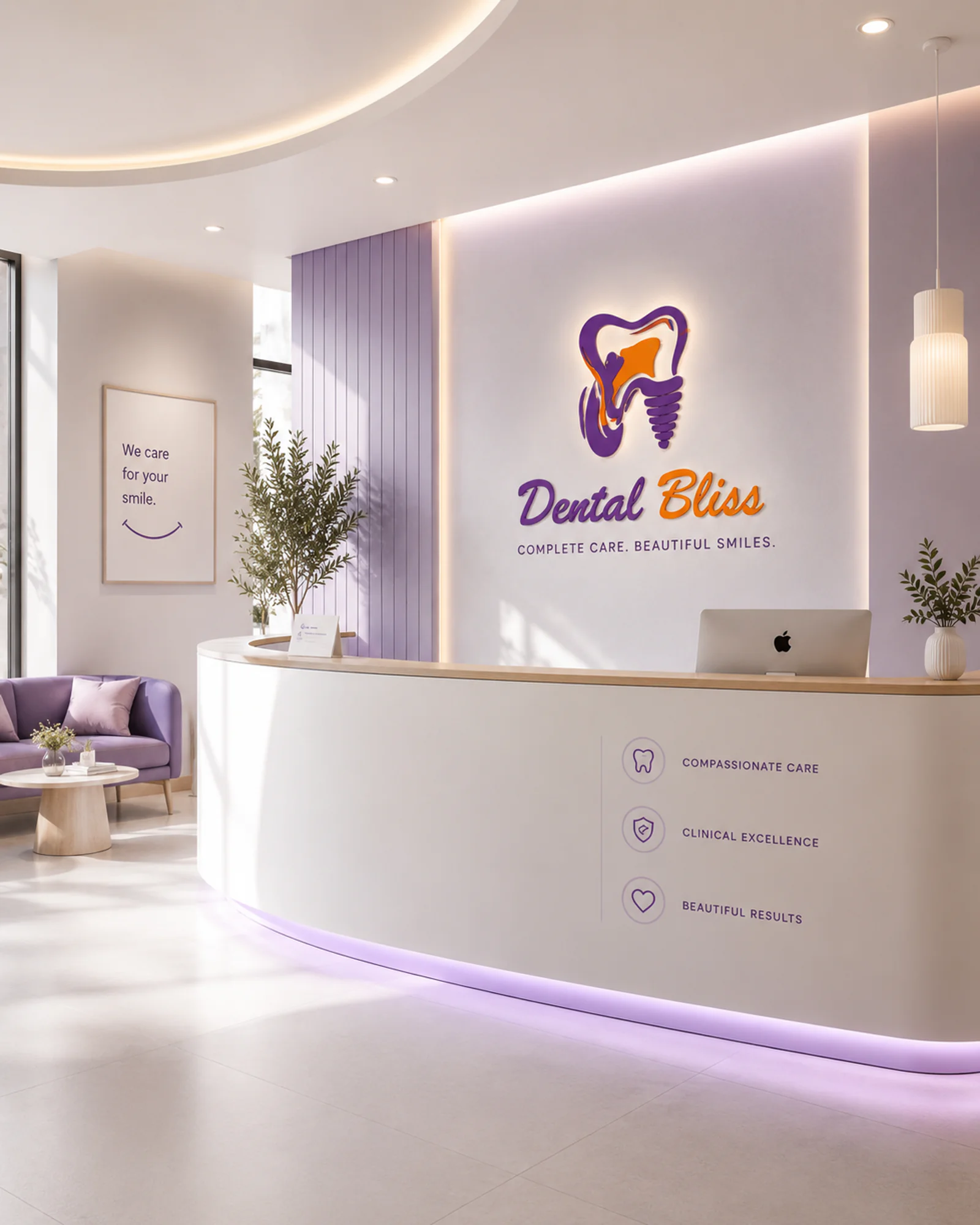 Premium Dental Bliss reception branding and healthcare identity